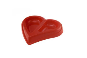 Small heart-shaped plastic pet bowl with two sections